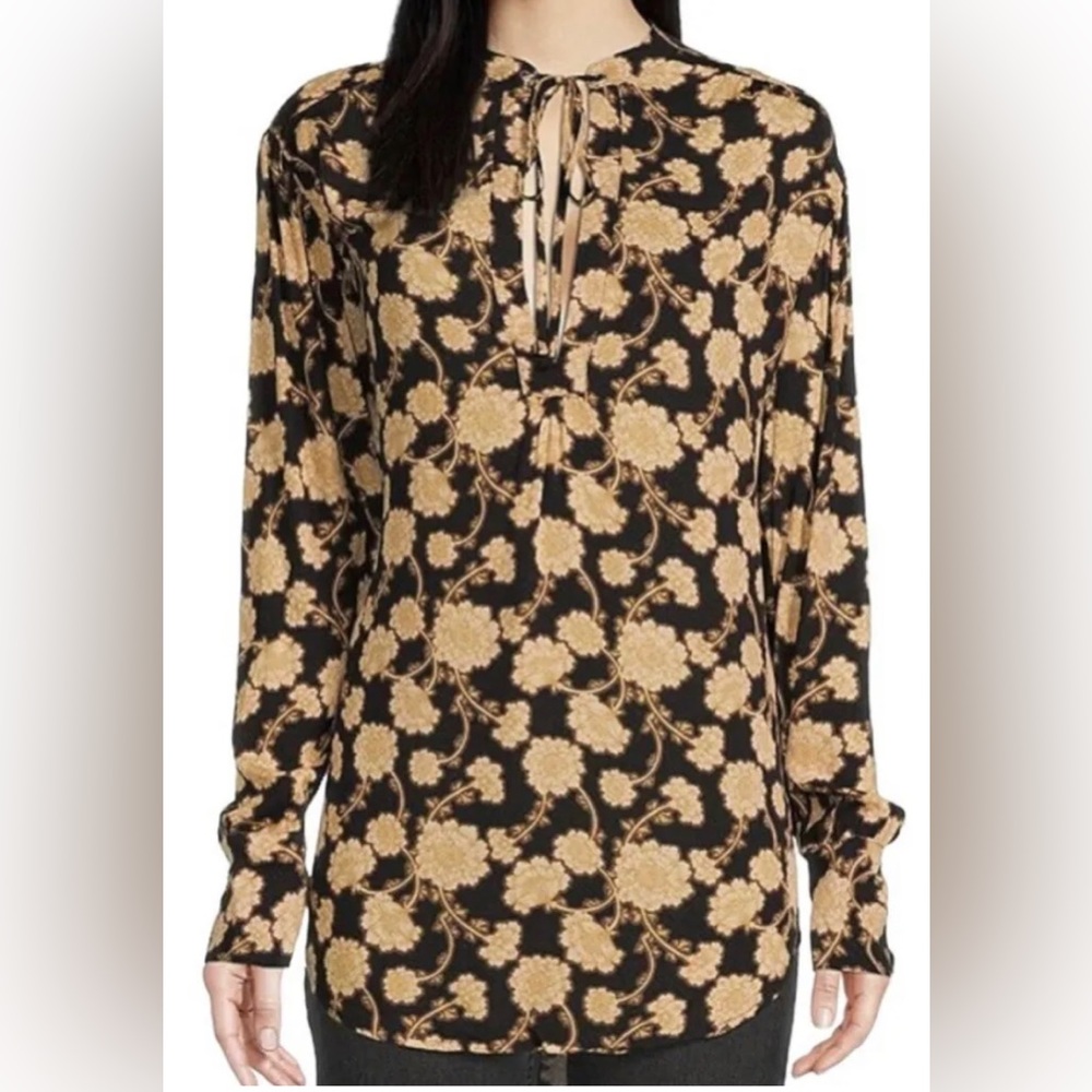 Free People XS Mia Floral Print Keyhole Neck Long Blouson Sleeve High-Lo…
